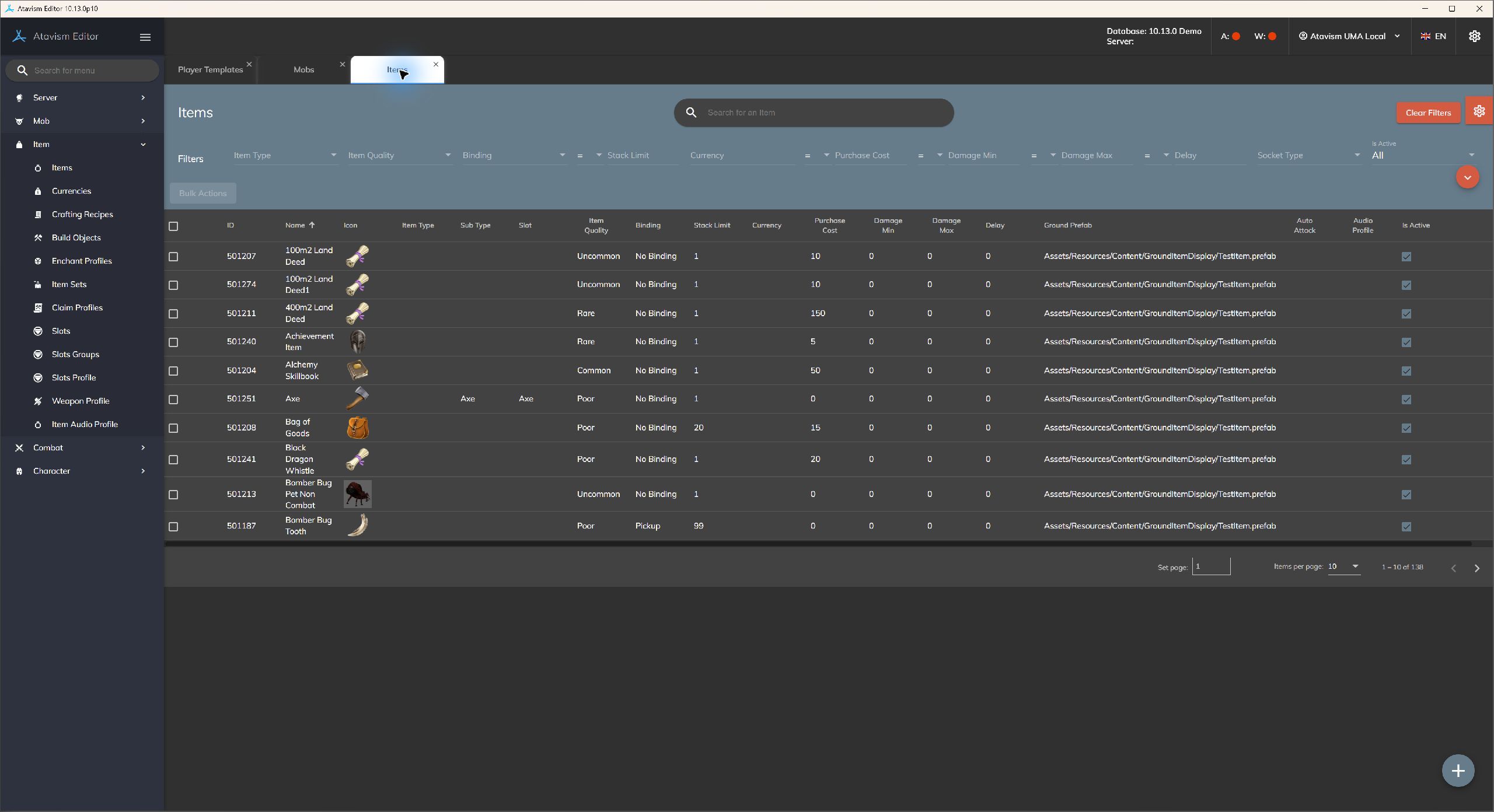 Atavism Editor 10.13 in Blue Gray Dark theme showing the item database